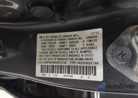 2012 Honda Civic Ex z USA, uszkodzony, nr VIN 2HGFB2F84CH612152